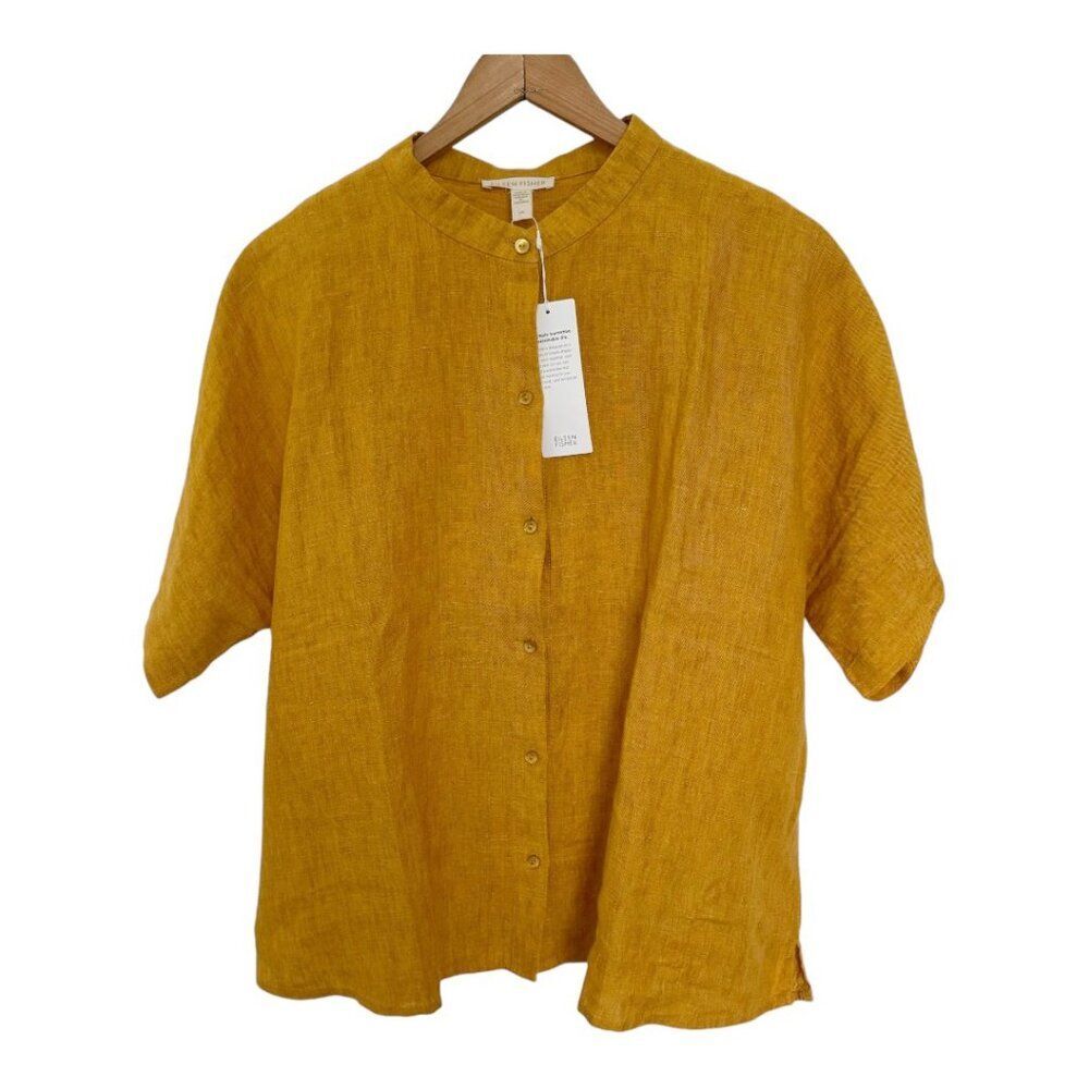 Eileen Fisher Large Linen Shirt NEW Marigold Mandarin Collar SS Button Down